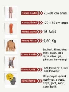 Diz Yapmaz 2 İplik Kumaş Seti, Boyları 70-80 cm arası 16 adet