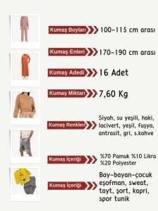 Diz Yapmaz 2 İplik Kumaş Seti, Boyları 100-115 cm arası 16 adet