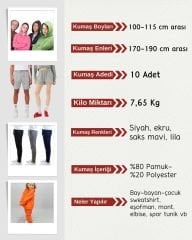 3 İplik Penye Kumaş Seti, Boyları 100-115 cm arası 10 adet
