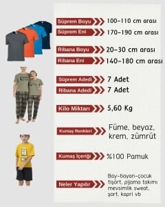 Ribanalı Tok Süprem Kumaş Penye Seti, Boyları 100-110 cm arası 7 adet
