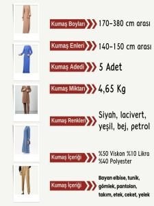 Dabıl Kumaş (Likralı Krep) Seti, Boyları 170-380 cm arası 5 adet
