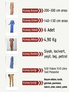 Dabıl Kumaş (Likralı Krep) Seti, Boyları 2-3 metre arası 6 adet