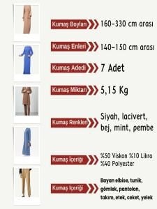 Dabıl Kumaş (Likralı Krep) Seti, Boyları 160-330 cm arası 7 adet