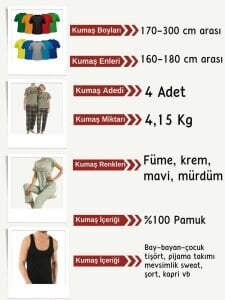 Süprem Kumaş Penye Seti, Boyları 170-300 cm arası 4 adet