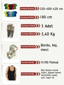 Süprem Kumaş Penye Seti, Boyları 320-400-420 cm 3 adet