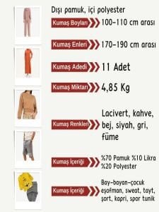 Diz Yapmaz 2 İplik Kumaş Seti, Boyları 100-110 cm arası 11 adet