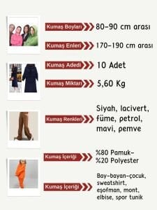 Şardonlu 3 İplik Kumaş Seti, Boyları 80-90 cm arası 10 adet