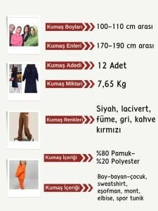 Şardonlu 3 İplik Kumaş Seti, Boyları 100-110 cm arası 12 adet