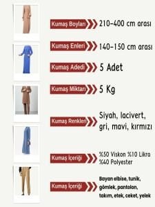 Dabıl Kumaş (Likralı Krep) Seti, Boyları 210-400 cm arası 5 adet