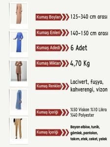 Dabıl Kumaş (Likralı Krep) Seti, Boyları 125-340 cm arası 6 adet