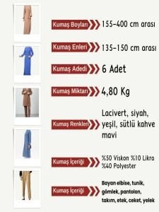 Dabıl Kumaş (Likralı Krep) Seti, Boyları 155-400 cm arası 6 adet