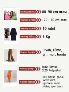 3 İplik Penye Kumaş Seti, Boyları 80-90 cm arası 10 adet