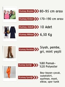 3 İplik Penye Kumaş Seti, Boyları 80-95 cm arası 10 adet