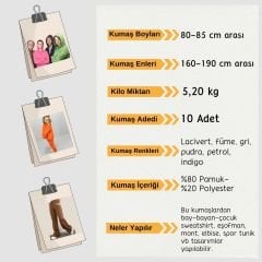 Şardonlu Üç İplik Penye Kumaş Seti, Boyları 80-85 cm arası 10 adet