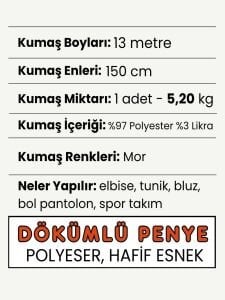 Dökümlü Polyester Penye Kumaş Seti, Boyu 13 metre 1 adet Mor