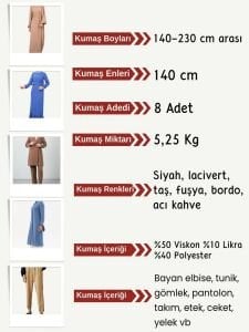 Dabıl Krep Kumaş Seti, Boyları 140-230 cm arası 8 adet