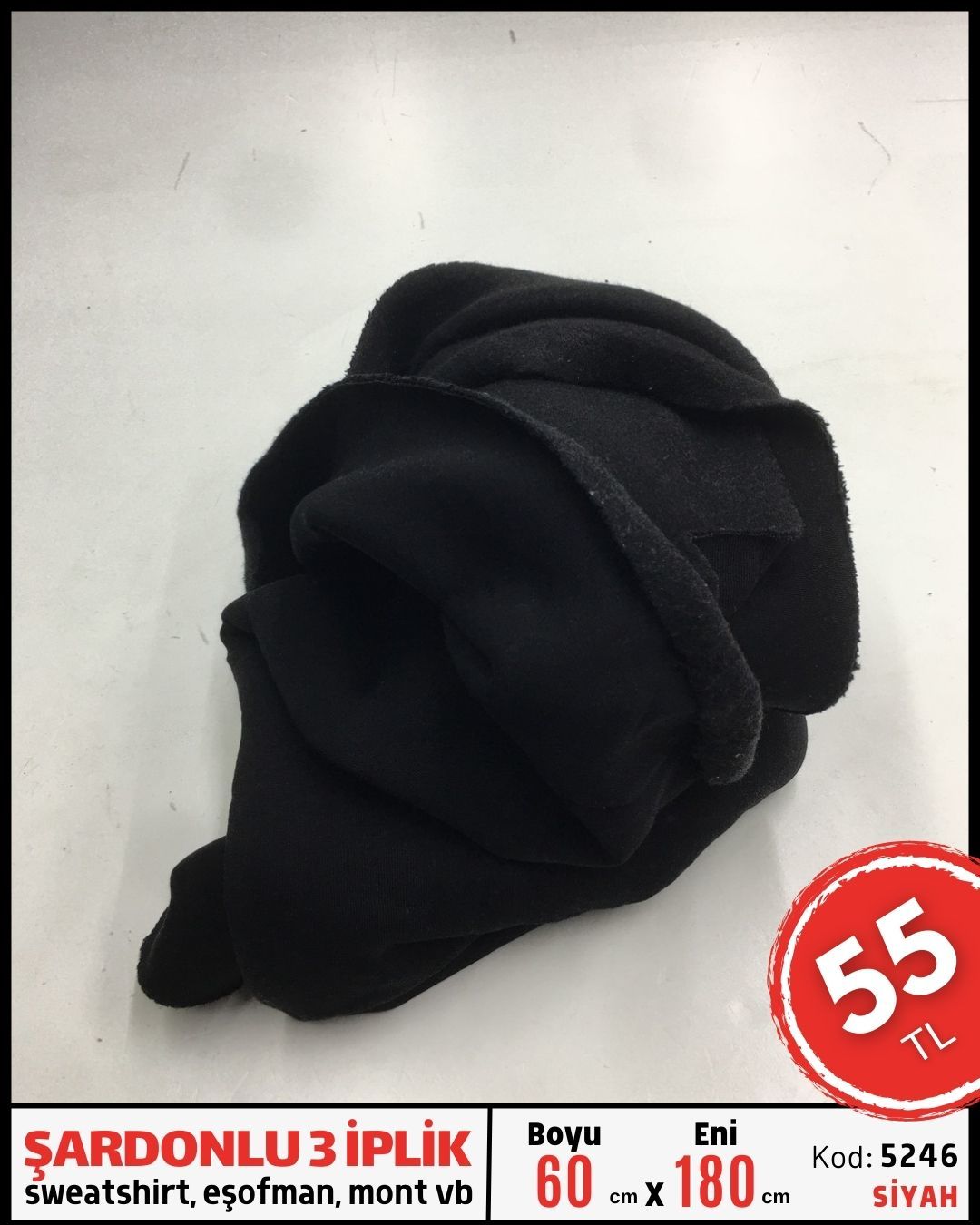 Şardonlu 3 İplik Kumaş Parça 60x180 cm Siyah