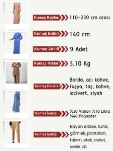 Dabıl Krep Kumaş Seti, Boyları 110-230 cm arası 9 adet