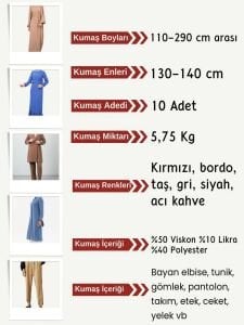 Dabıl Krep Kumaş Seti, Boyları 110-290 cm arası 10 adet