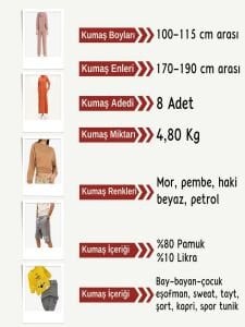 2 İplik Esnek Pamuk Kumaş Seti, Boyları 100-115 cm arası 8 adet