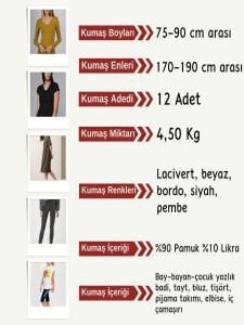 Likralı Süprem Penye Kumaş Seti, Boyları 75-90 cm arası 12 adet
