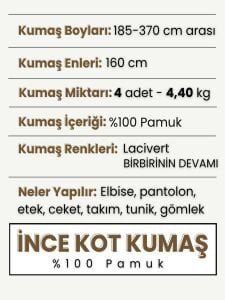 İnce Kot Kumaş Seti (%100 Pamuk), 185-370 cm arası 4 adet - Elbise ve Gömleklik Kot
