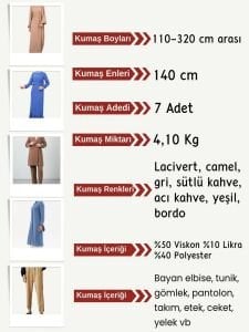 Dabıl Krep Kumaş Seti, Boyları 110-320 cm arası 7 adet