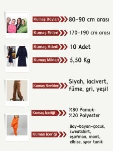 Şardonlu 3 İplik Kumaş Seti, Boyları 80-90 cm arası 10  adet