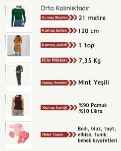 İnce Kaşkorse Esnek Kumaş Seti, Boyu 21 metre 1 top Mint Yeşili