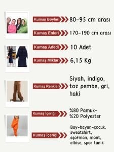 3 İplik Penye Kumaş Seti, Boyları 80-95 cm arası 10 adet