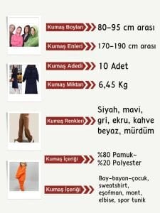 3 İplik Penye Kumaş Seti, Boyları 80-95 cm arası 10 adet