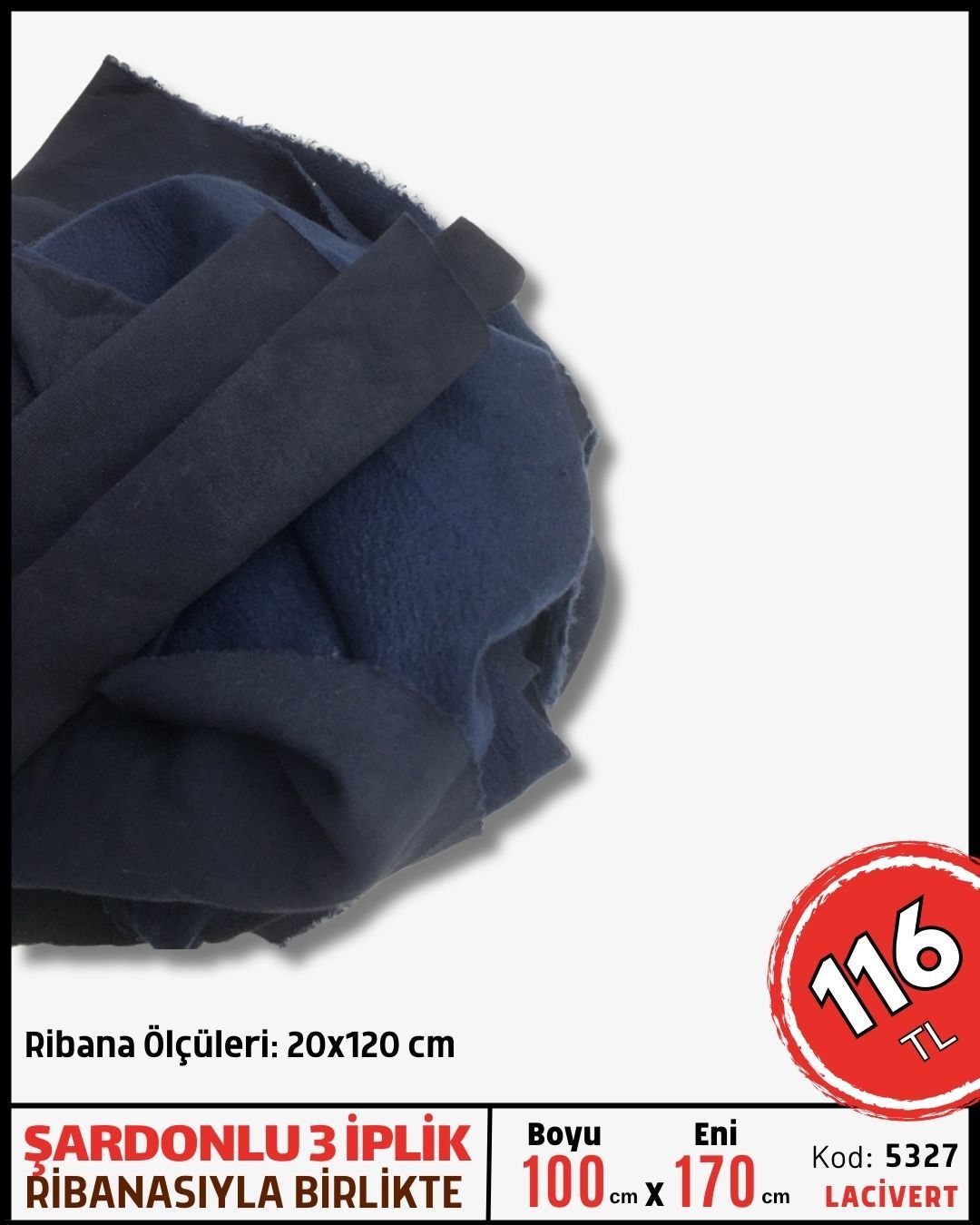 Ribanası ile Şardonlu 3 İplik Kumaş Parça 100x180 cm Lacivert
