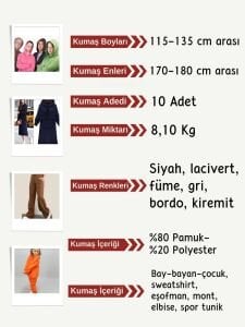 Şardonlu 3 İplik Kumaş Seti, Boyları 115-135 cm arası 10 adet