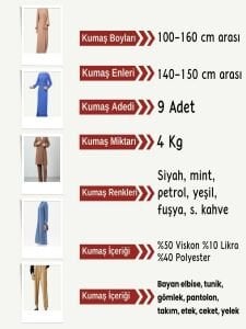 Dabıl Kumaş (Likralı Krep) Seti, Boyları 100-160 cm arası 9 adet