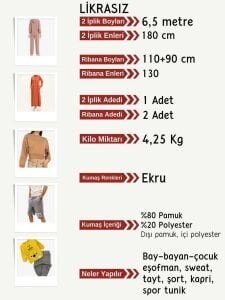 Ribanalı Diz Yapmaz 2 İplik Kumaş Seti, Boyu 6,5 metre 1 adet