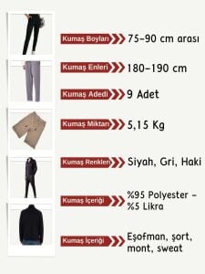 Çelik Penye Kumaş Seti, Boyları 75-90 cm arası 9 adet