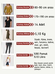 Likralı Süprem Penye Kumaş Seti, Boyları 80-90 cm arası 14 adet
