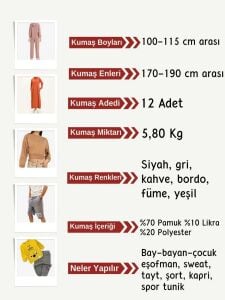Diz Yapmaz 2 İplik Esnek Kumaş Seti, Boyları 100-115 cm arası 12 adet