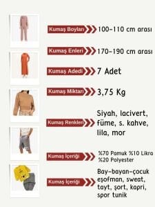 2 İplik Esnek Pamuk Kumaş Seti, Boyları 100-110 cm arası 7 adet