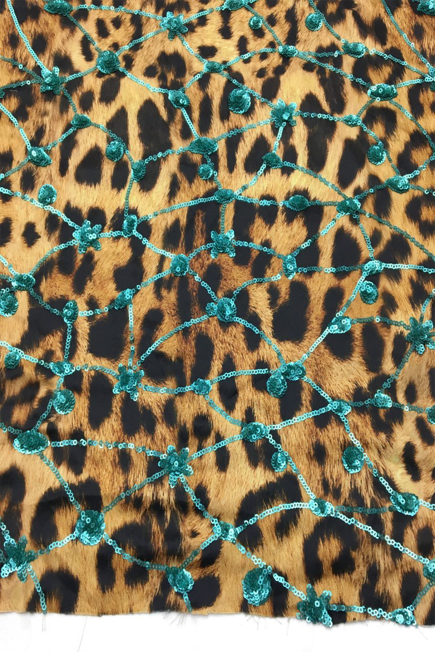 İnce Saten Üzeri Pul Payet Kumaş Leopar Üzeri Mint Pullu