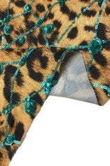 İnce Saten Üzeri Pul Payet Kumaş Leopar Üzeri Mint Pullu