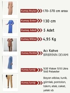 Dabıl Krep Kumaş Seti, Boyları 170-370 cm arası 5 adet