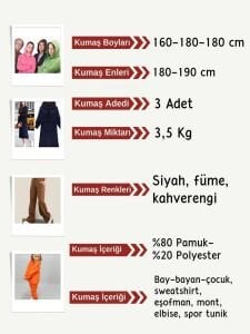 Şardonlu 3 İplik Kumaş Seti, Boyları 160-180-180 cm arası 3 adet