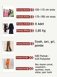 3 İplik Penye Kumaş Seti, Boyları 100-110 cm arası 8 adet