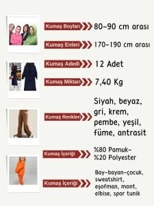 3 İplik Penye Kumaş Seti, Boyları 80-90 cm arası 12 adet