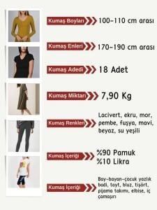 Likralı Süprem Penye Kumaş Seti, Boyları 100-110 cm arası 18 adet