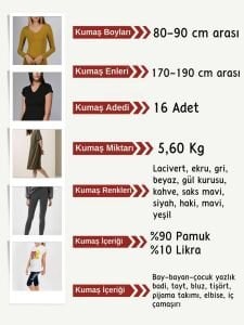 Likralı Süprem Penye Kumaş Seti, Boyları 80-90 cm arası 16 adet