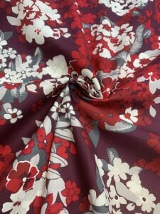 Kırmızı Renkli Nostaljik Çiçek Desenli Duck Kumaş - Leke Tutmaz Döşemelik & Masa Örtülük