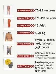 Diz Yapmaz 2 İplik Esnek Kumaş Seti, Boyları 75-95 cm arası 12 adet