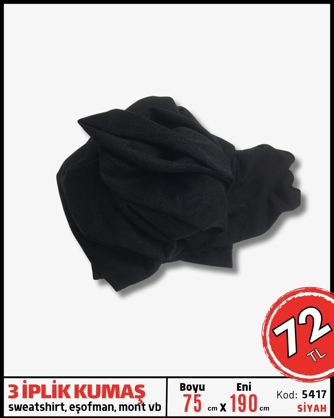 3 İplik Kumaş Penye Parça 75x190 cm Siyah